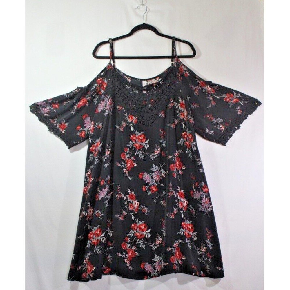 Black‎ Floral Tunic Dress-spaghetti strap/off the shoulder 2X